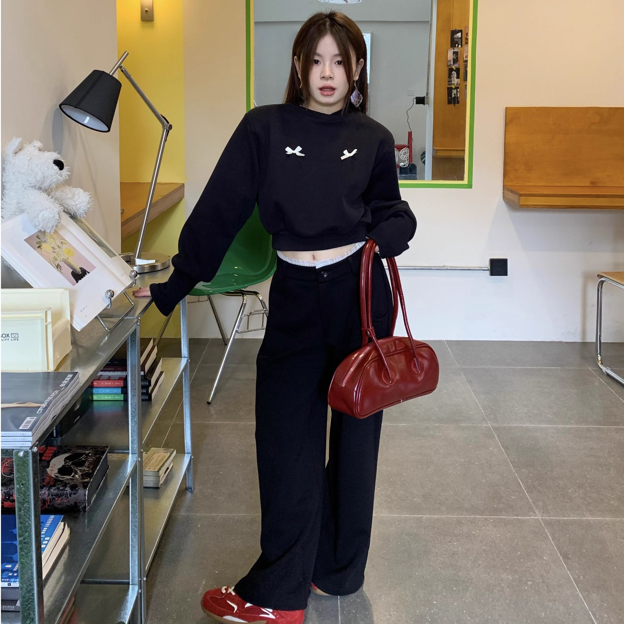 DAMEI大美 Miu系空气层低腰花边裤子 白色蕾丝撞色 冬季厚裤子女