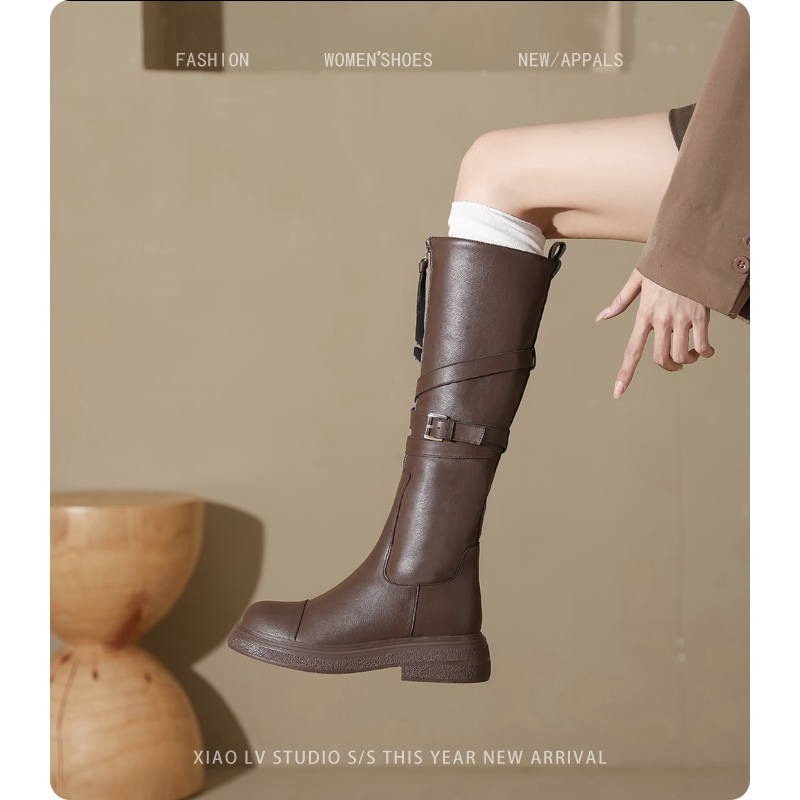美拉德厚底废土风靴子女大码高筒长靴胖mm长筒靴大筒围粗腿骑士靴
