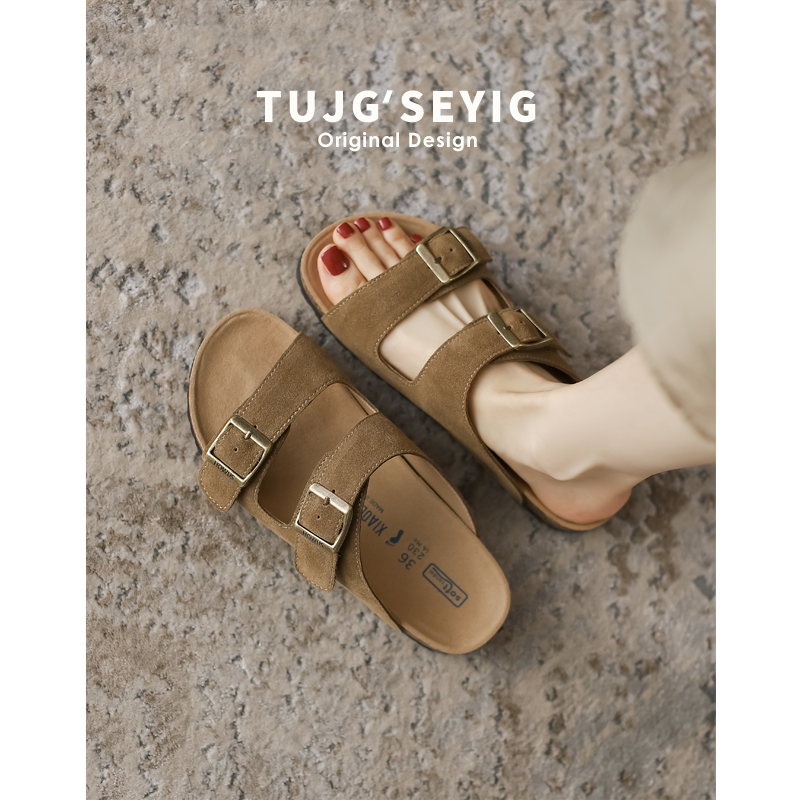 真皮勃肯凉鞋女夏外穿凉拖厚底沙滩鞋2024新款百搭懒人勃肯半拖鞋