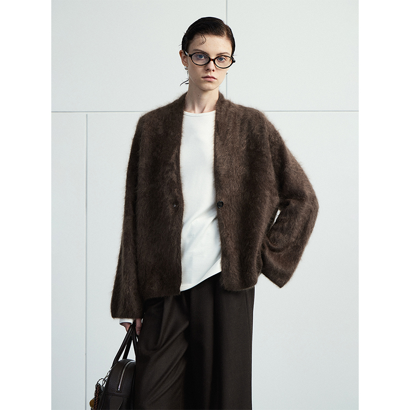 棘光THORNSAURA 100山羊绒单扣拉毛V领开衫上衣女-T2410SX528