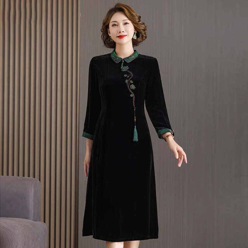 真桑蚕丝绒妈妈裙雅致连衣裙长袖2024秋新款重磅复古中式长款秋新