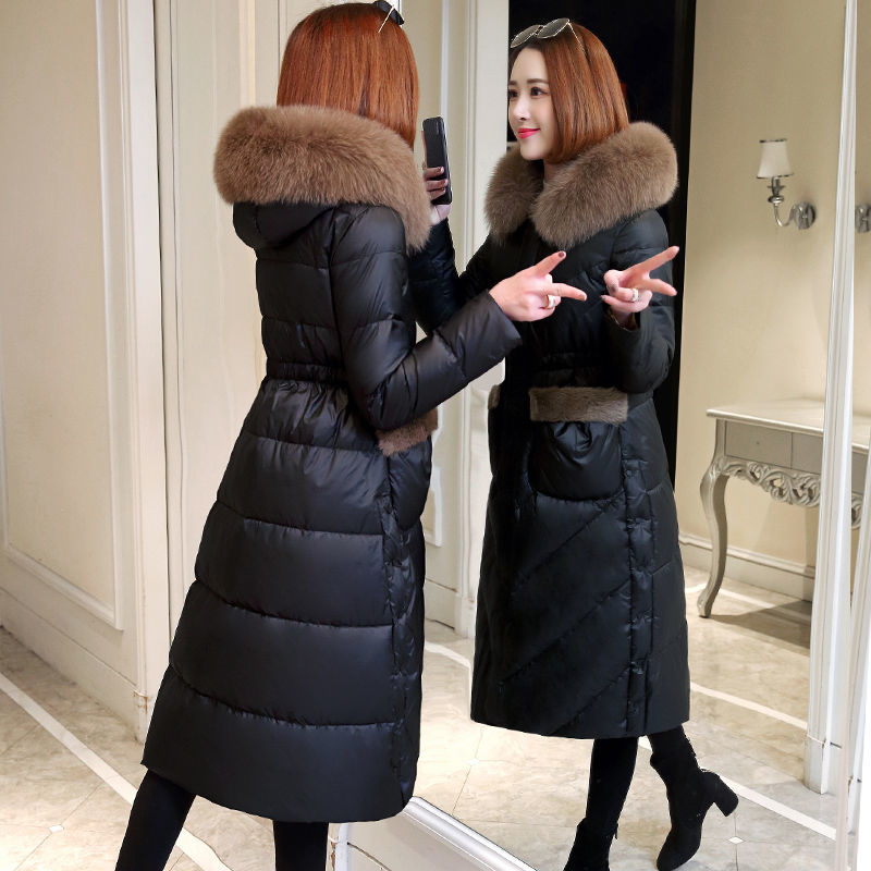 白鸭绒中长款连帽羽绒服保暖加厚妈妈外套高端真狐狸大毛领过膝冬