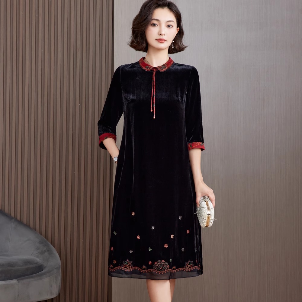 大码真品真桑蚕丝绒连衣裙高端婚宴喜婆中年妈妈裙新款长袖礼服