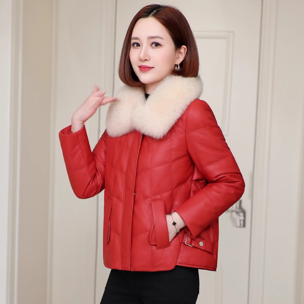 短款真皮羽绒服女2024冬新款韩版狐狸毛领海宁小版绵羊皮皮衣外套