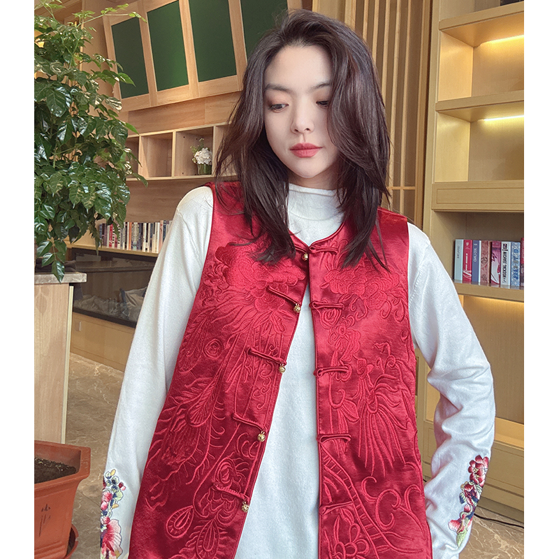 欧韩童话【夹棉定位绣】新中式复古一字盘扣刺绣国风时尚马夹7387