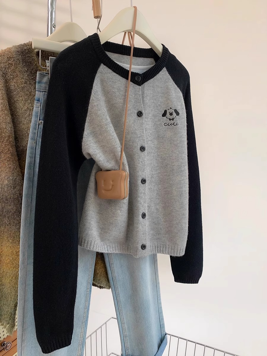 撞色小狗刺绣针织开衫女2025年新款学院风毛衣外套女秋冬减龄上衣