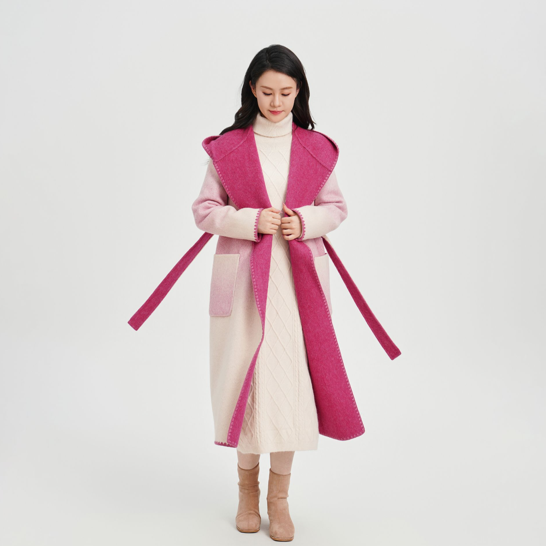 S·KBKZ减龄连帽时尚双面渐变色系高级感羊毛渐变色双面大衣7026