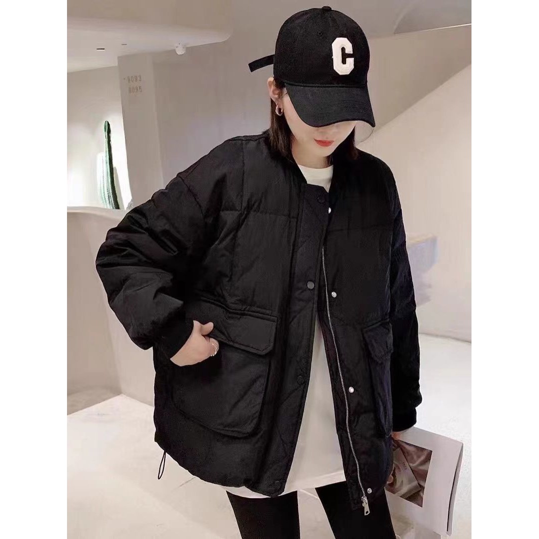 圆领羽绒服女秋冬季韩版短款小个子工装外套加厚宽松保暖棉衣潮