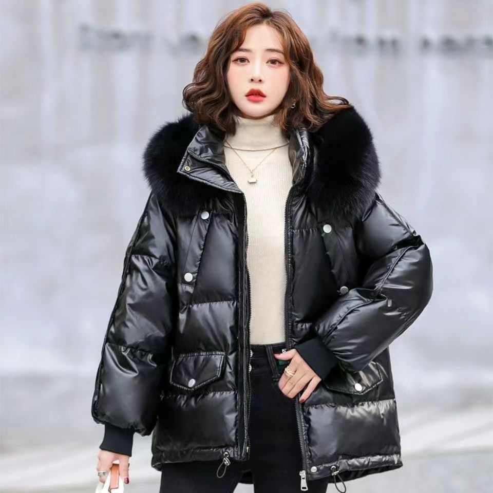 白鸭绒免洗亮面羽绒服女士冬季短款韩版大毛领加厚带帽宽松