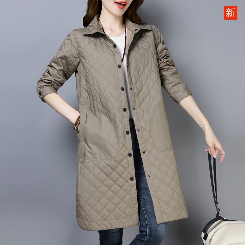 2023春秋季新款轻薄夹棉外套女百搭中长款春秋宽松羽绒服工装薄棉