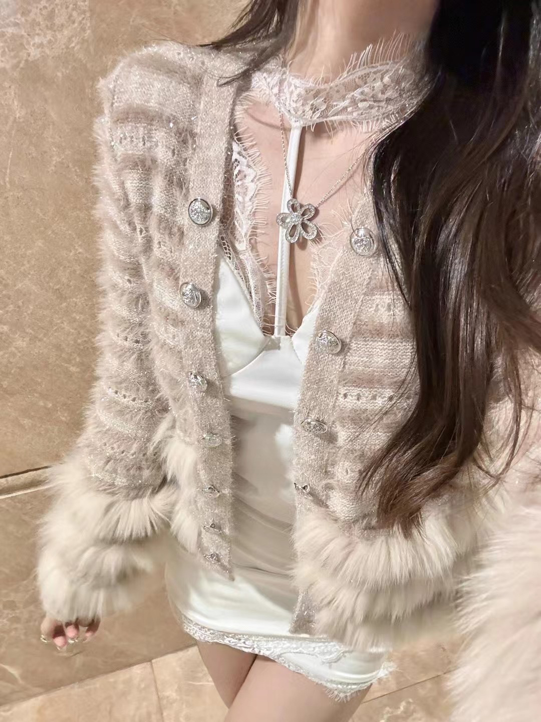 茶茶酱新款针织拼接名媛风气质开衫