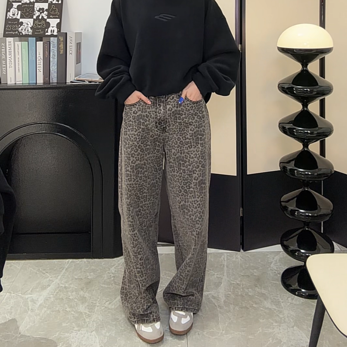 阔版弯刀纯棉复古时尚加厚豹纹裤
