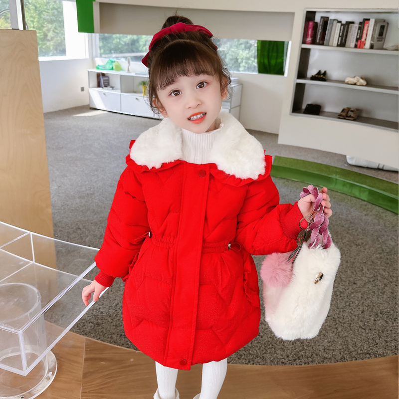 女童加绒加厚毛领棉衣新款洋气时尚甜美女宝宝韩版免洗棉服外套潮