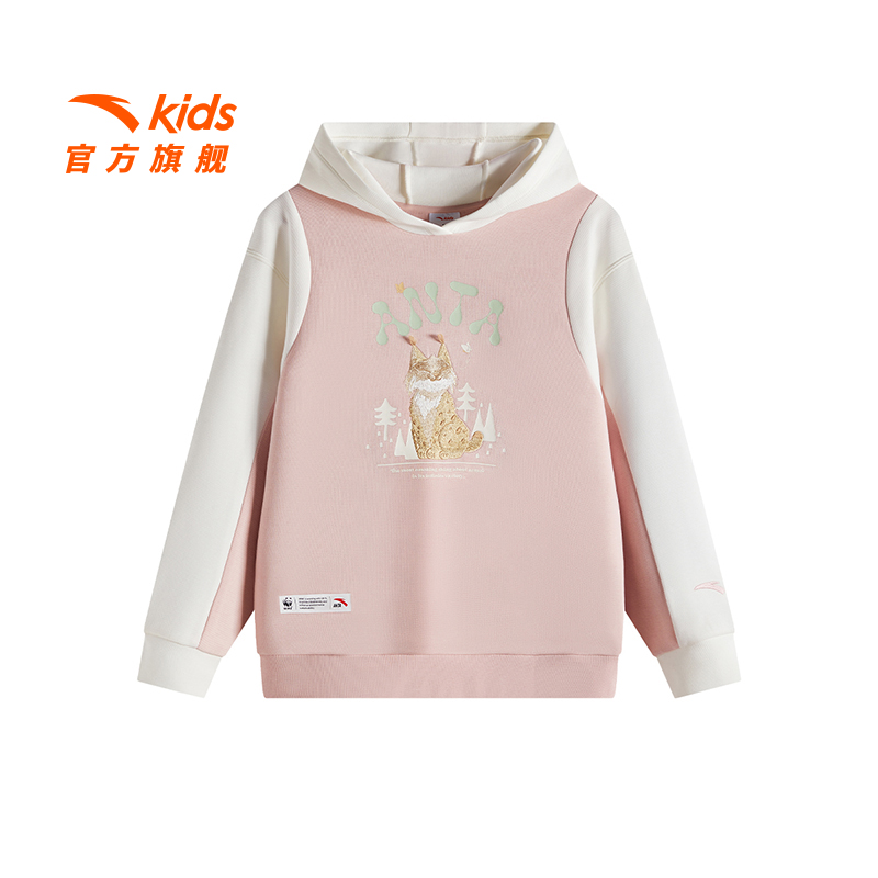 安踏儿童女大童针织连帽套头25春新款舒适亲肤休闲拼接卫衣6711