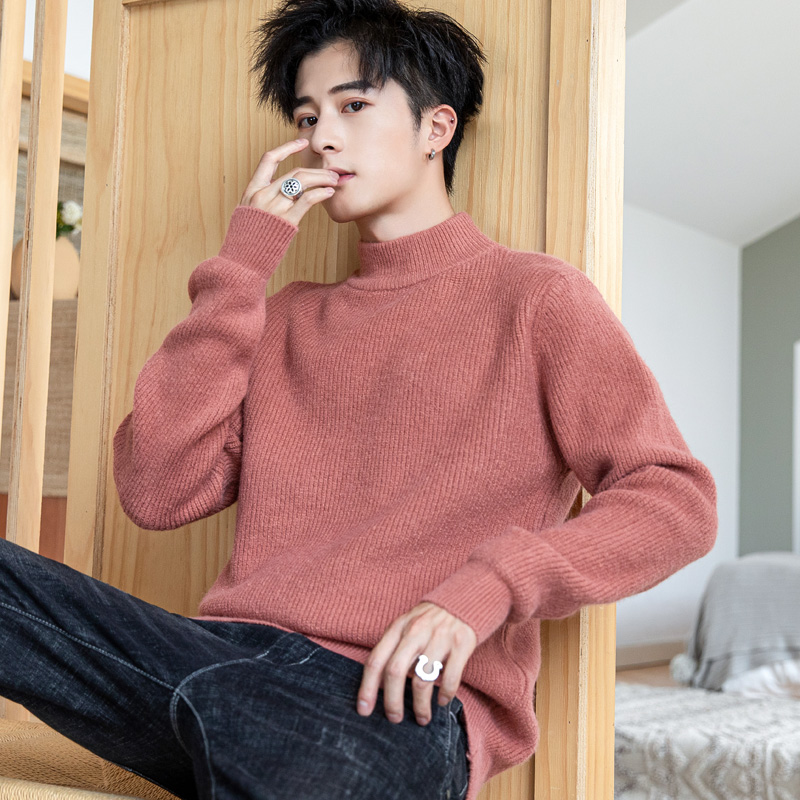 男生冬季新款半高领针织衫潮流宽松百搭纯色保暖套头毛衣学生内搭