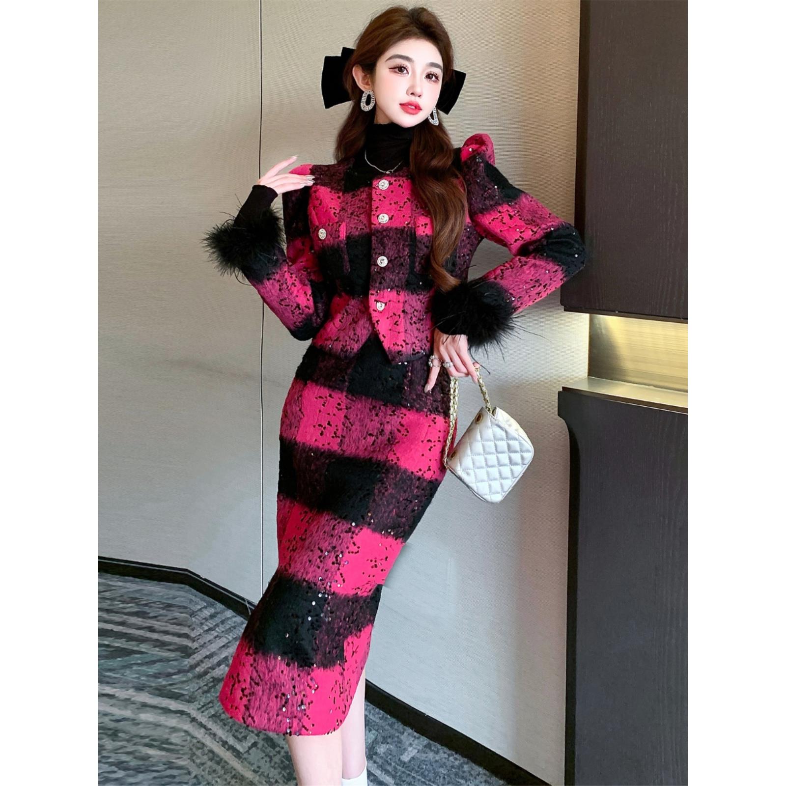 法式气质名媛毛呢小香风半裙套装网红爆款中长包臀裙两件套