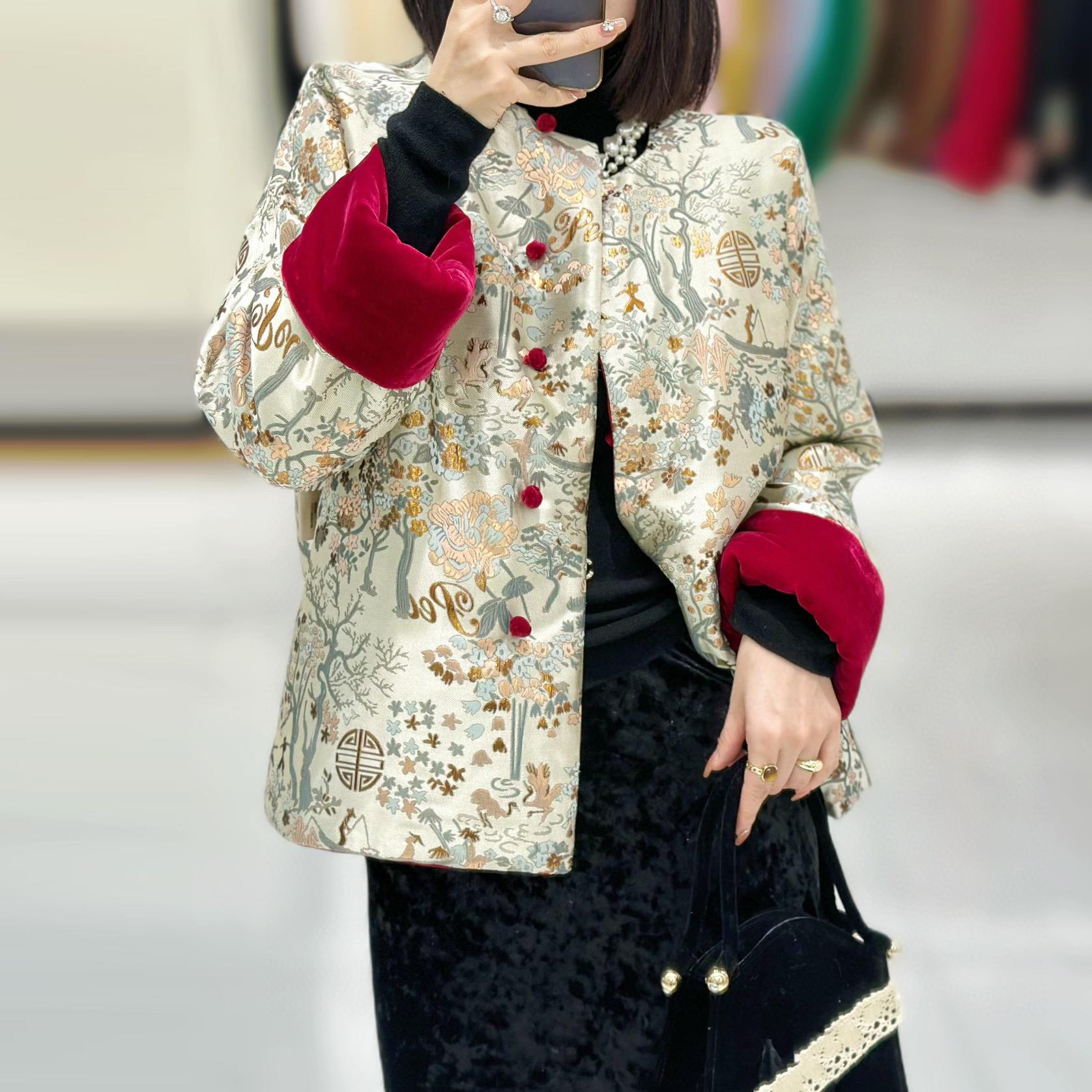 2023冬季新款新中式国风丝绒拼接立体提花绣花两面穿棉服外套
