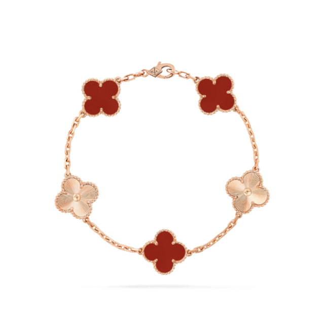 全新未使用 梵克雅宝 VCA Alhambra系列 红色镭射四叶草五花手链