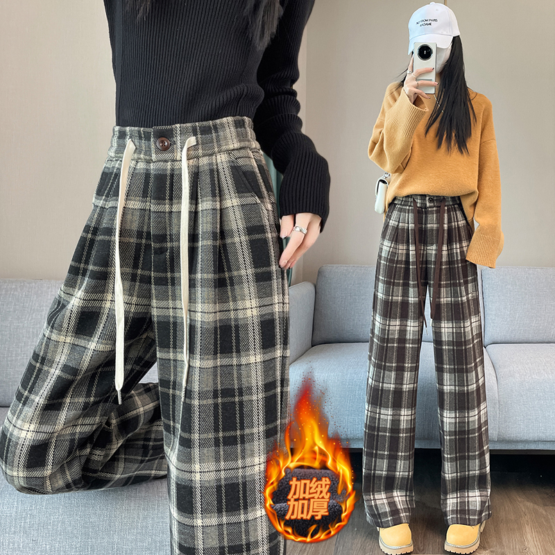 毛呢加绒加厚格子裤女秋冬新款复古高腰垂感拖地裤宽松休闲阔腿裤