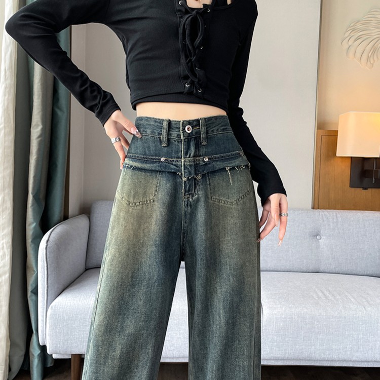 水泥黄渐变牛仔裤女秋冬美式复古阔腿裤毛边高腰窄版直筒裤拖地裤