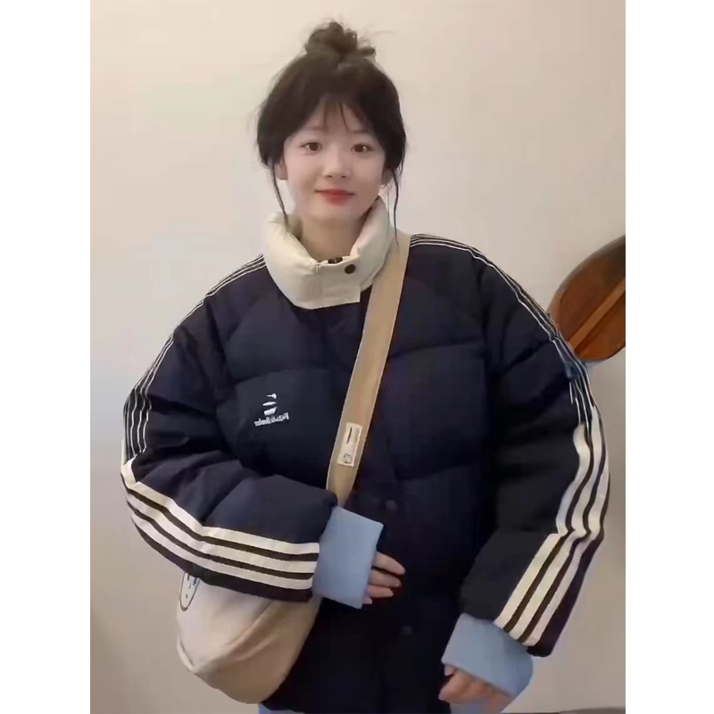 美式复古学院风立领条纹棉服外套女冬季新款别致加厚宽松棉袄棉衣