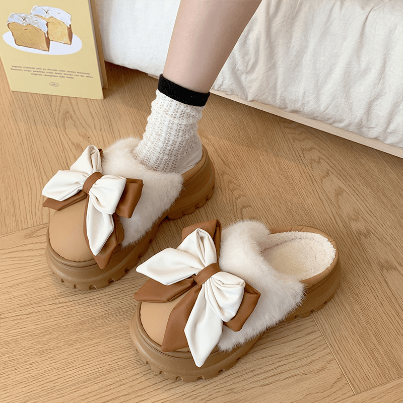 棉拖鞋女秋冬季蝴蝶结新款可爱室内居家增高厚底拖鞋可外穿