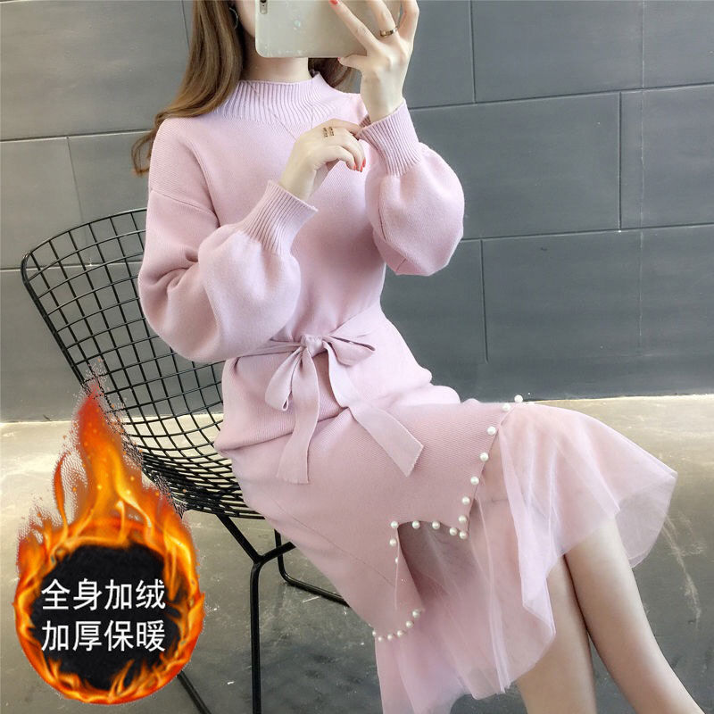 冬秋色长款半高领钉珠针织毛衣裙过膝网纱拼接腰带打底裙子冬