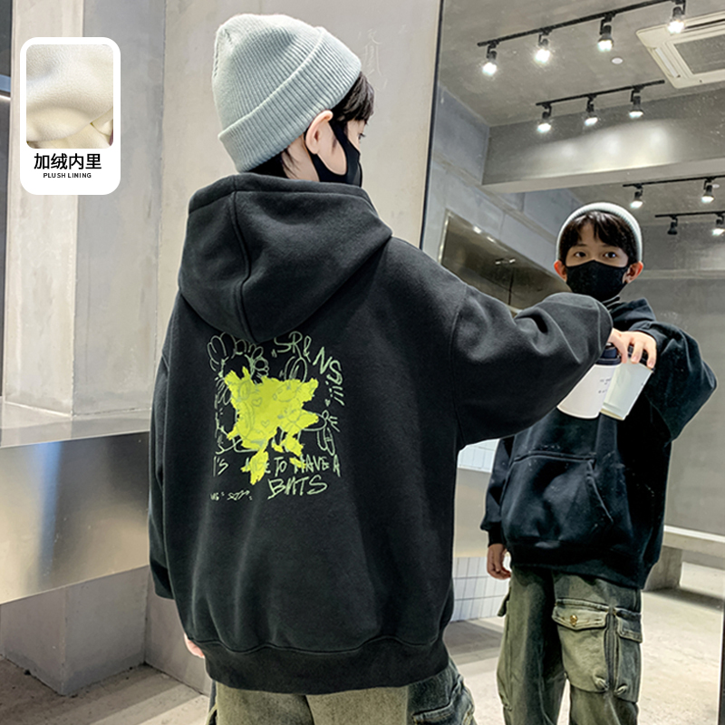 童装男童加绒卫衣冬季2024新款中大童宽松加厚冬款儿童连帽上衣潮