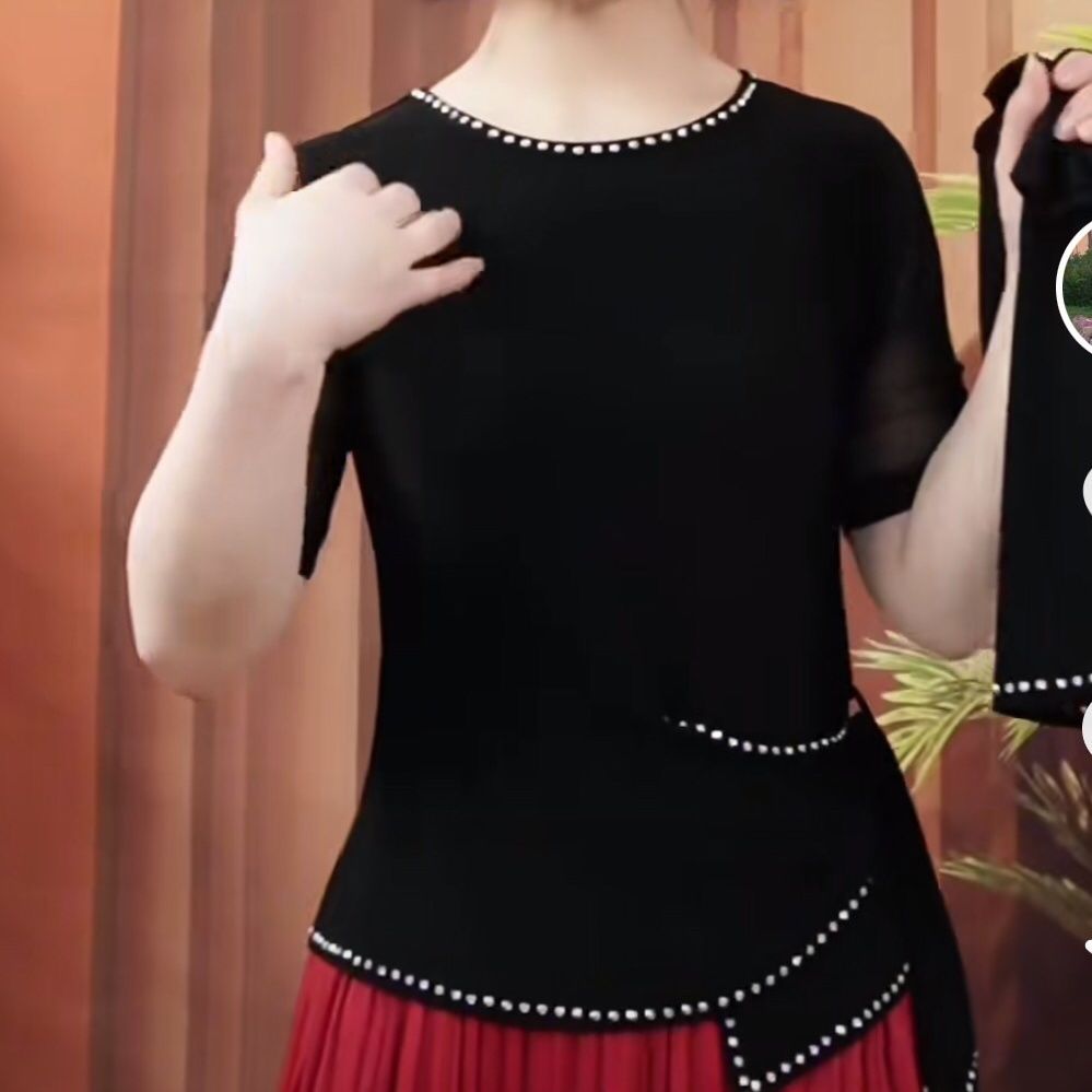 三步踩烫钻上衣新款舞服时尚三步踩跳舞广场舞舞蹈遮肚子圆领显瘦