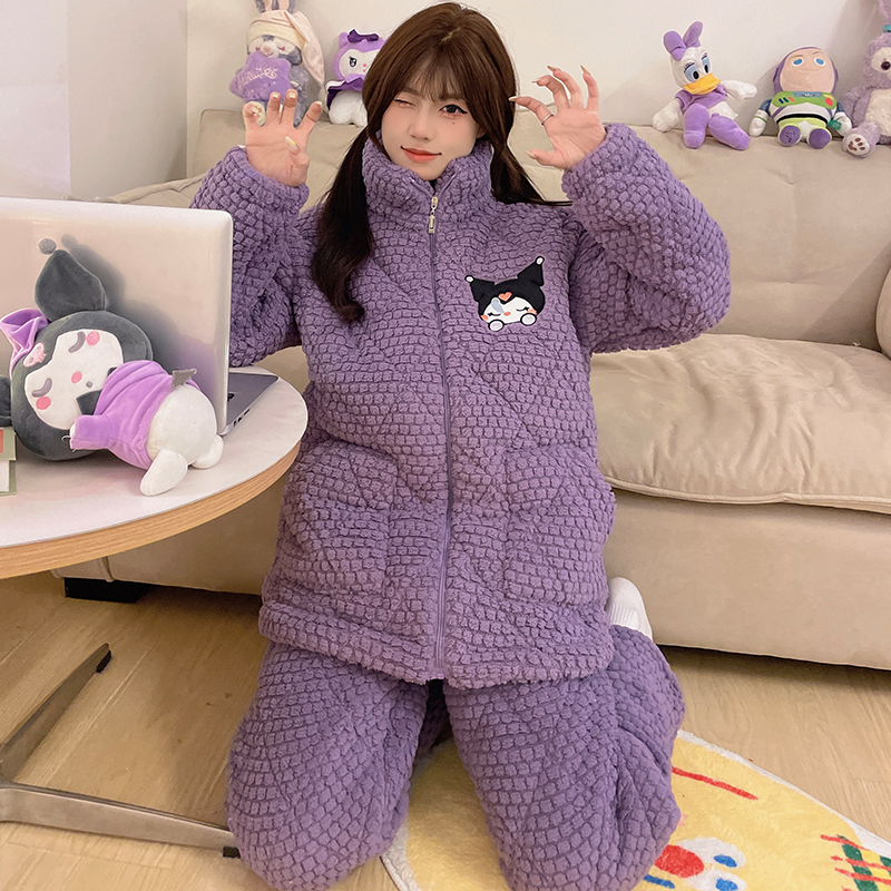 三层夹棉冬季睡衣女款珊瑚绒加厚加绒秋冬款法兰绒2023新款家居服