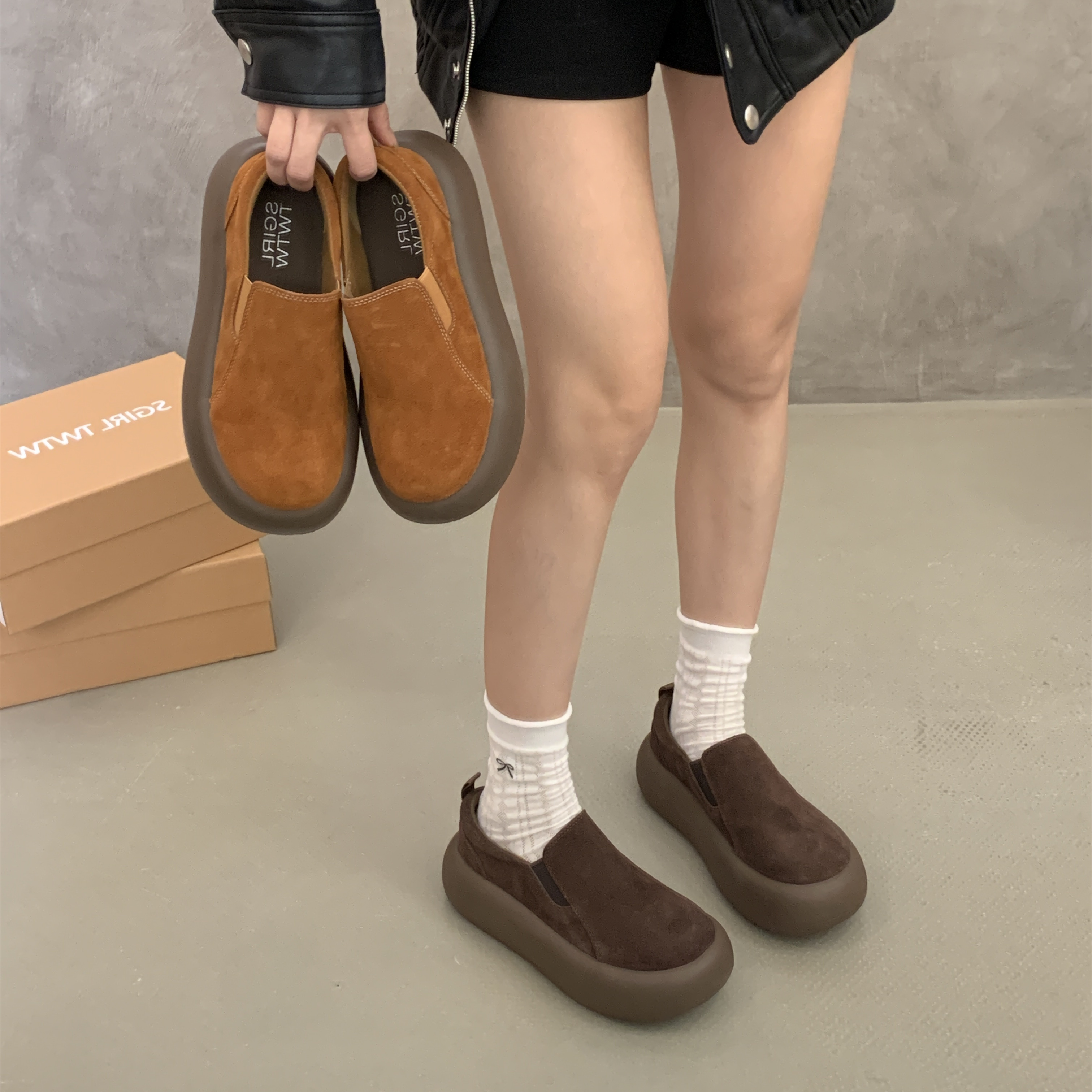 SGIRL TWTW正品松糕厚底板鞋秋新款磨砂皮一脚蹬乐福鞋潮 A610-1