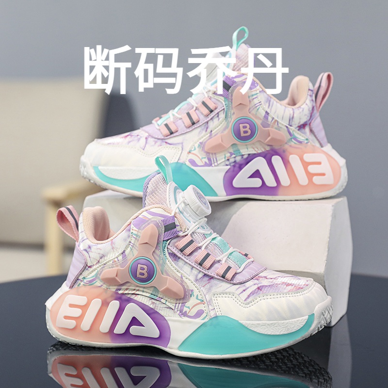 乔丹断码女童旋转纽扣运动鞋秋季中大童皮面防水女孩儿童篮球鞋