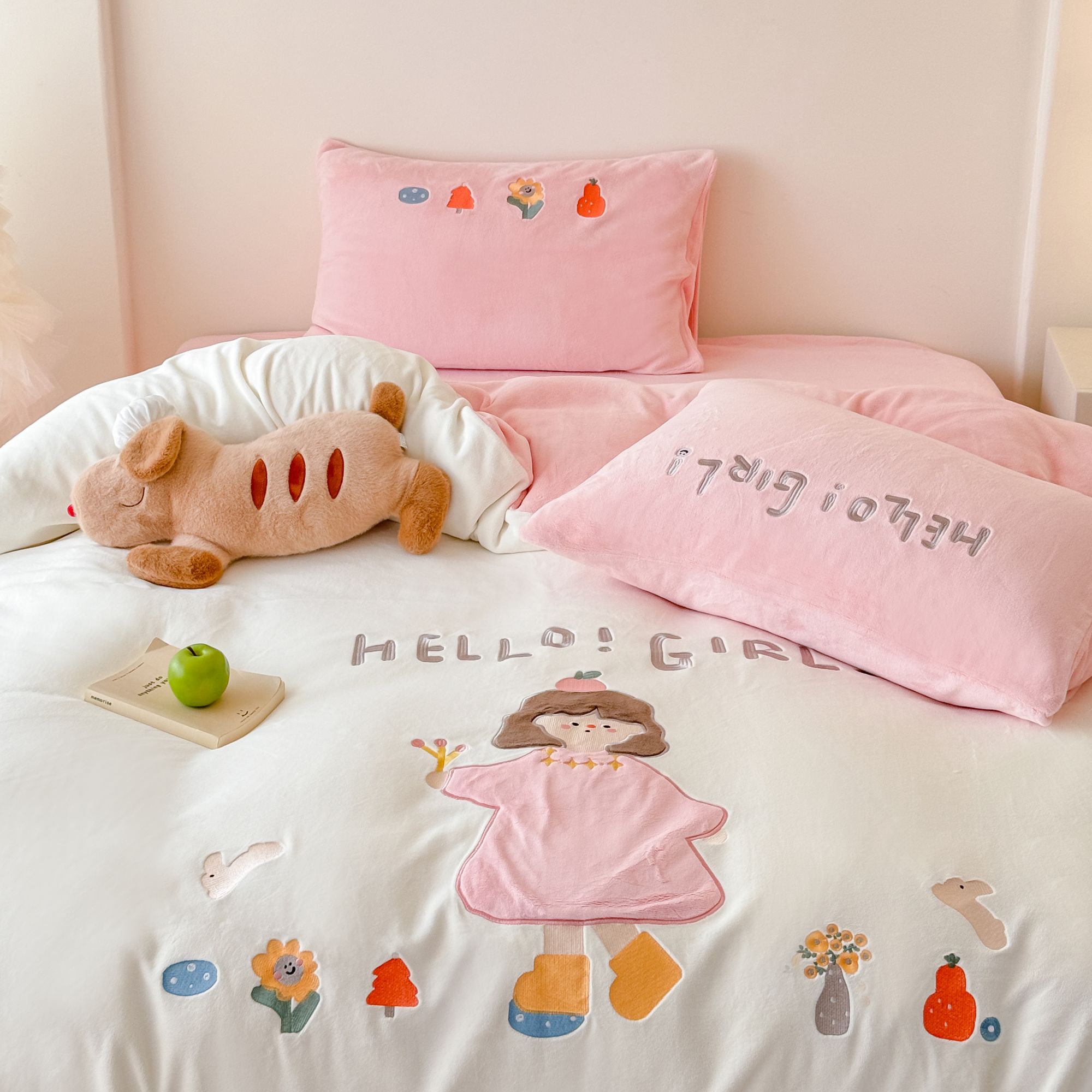 橘子Girl 全消光牛奶绒刺绣花边四件套 抗静电加绒冬季床上用品 