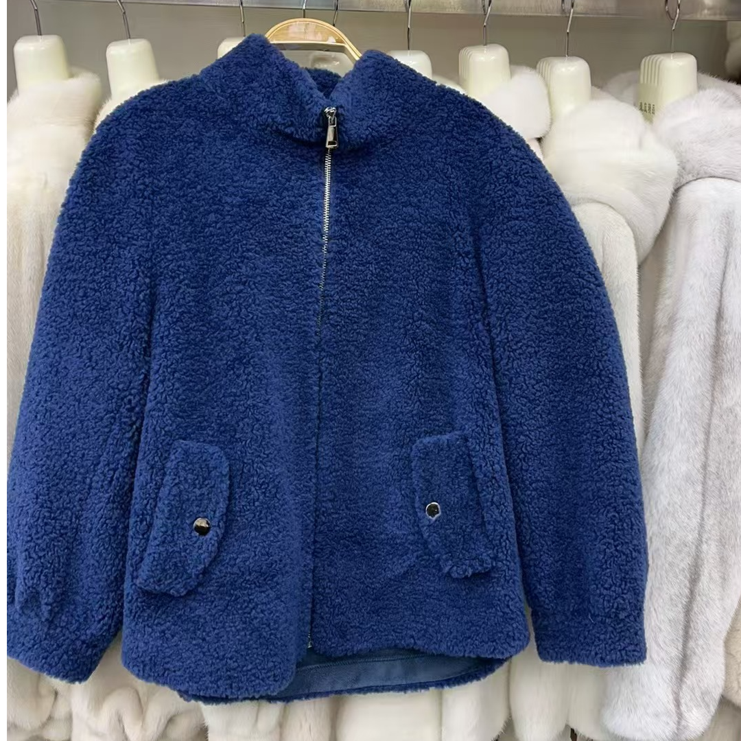 蓝色羊毛外套休闲女士双面加绒加厚秋冬立领女款宽松保暖时尚