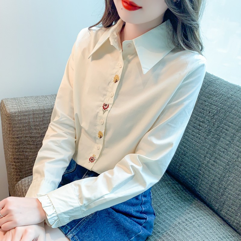 春秋季2025新款复古刺绣纯棉衬衫女洋气全棉长袖百搭时尚上衣洋气