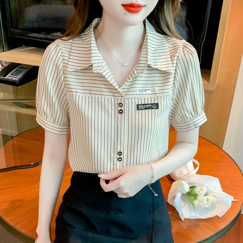 条纹衬衫女短袖夏季2025新款女装雪纺衬衣设计感小众套头上衣洋气