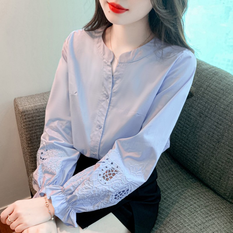春秋季2024年新款女装棉布衬衫女长袖刺绣复古衬衣宽松遮肚子上衣