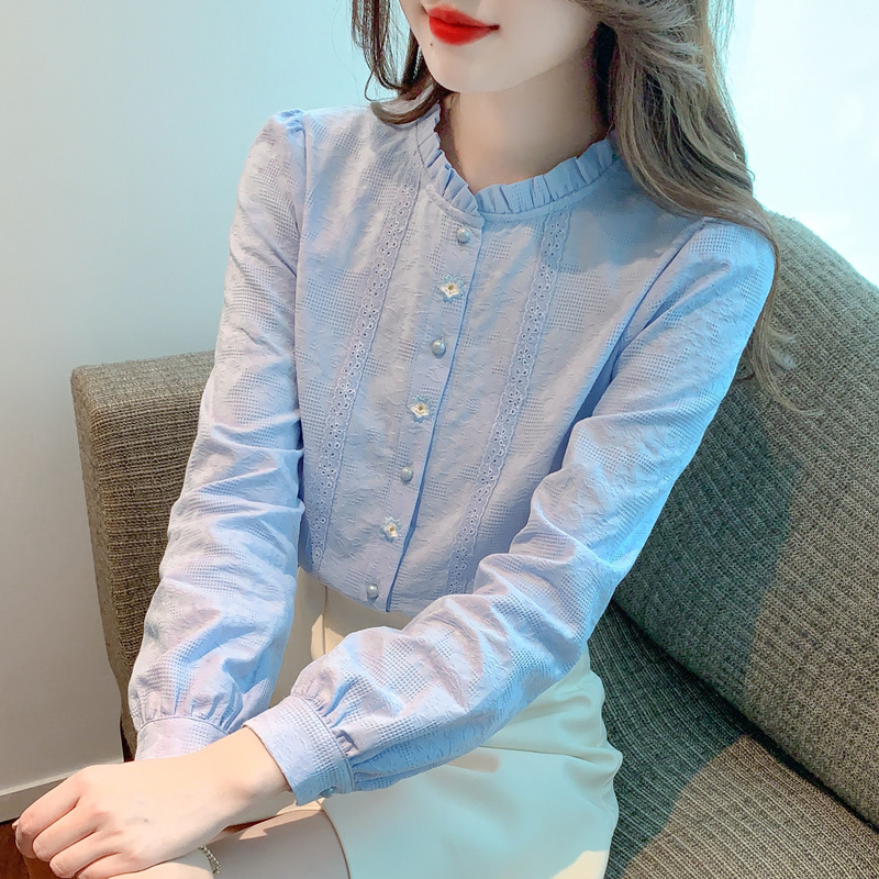 春秋季2025年新款女装减龄刺绣提花棉布衬衫女长袖洋气木耳领上衣