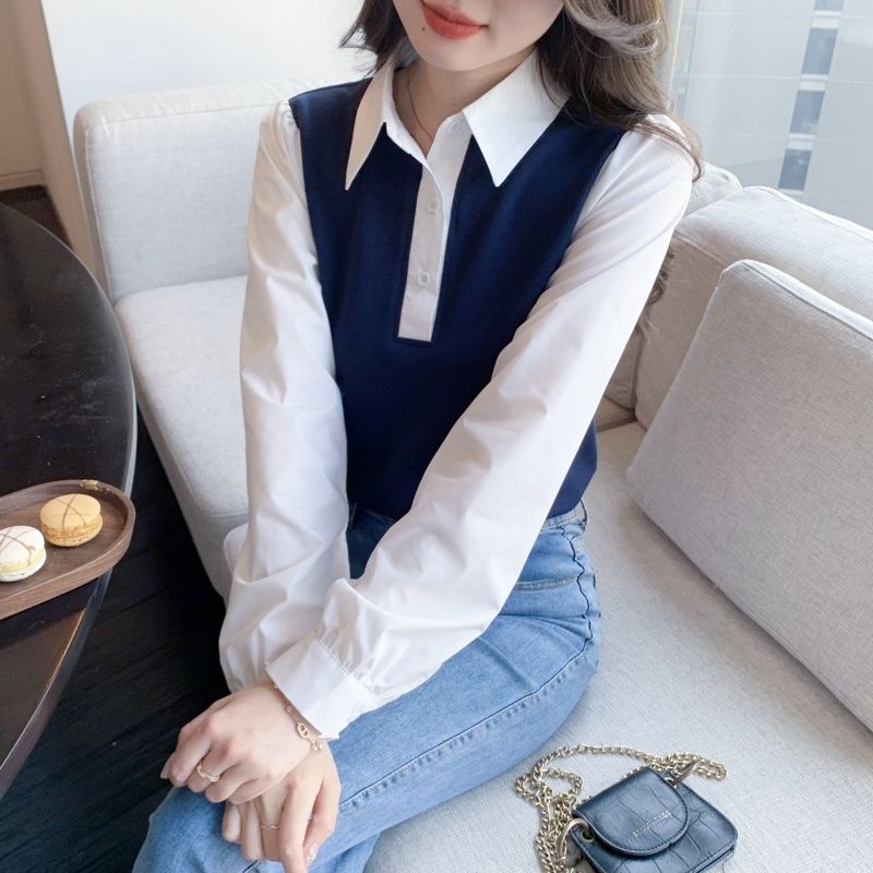 春秋季2025年新款假两件条纹衬衫女长袖针织女士衬衣宽松上衣洋气