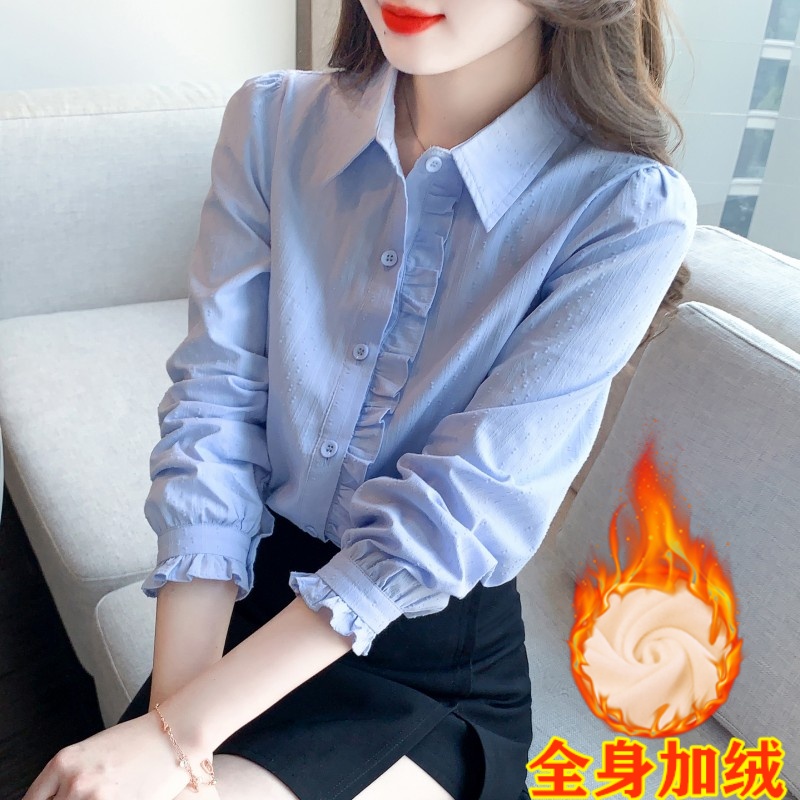 秋冬季2025年新款女装加绒加厚纯棉衬衫女洋气全棉polo领长袖上衣