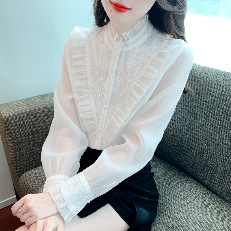 欧根纱长袖白衬衫女2025年秋季新款设计感小众木耳边修身衬衣气质