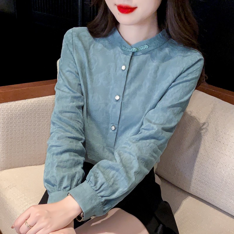 春秋季2025新款女装时尚减龄提花纯棉衬衫女洋气全棉立领上衣长袖