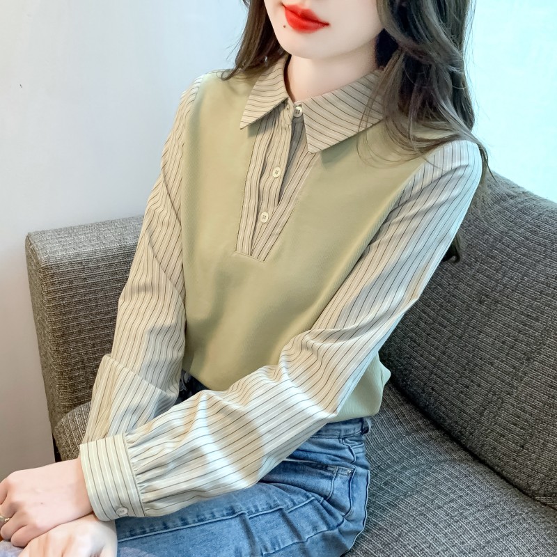 2025年秋冬季新款假两件条纹衬衫女长袖针织女士衬衣宽松休闲上衣