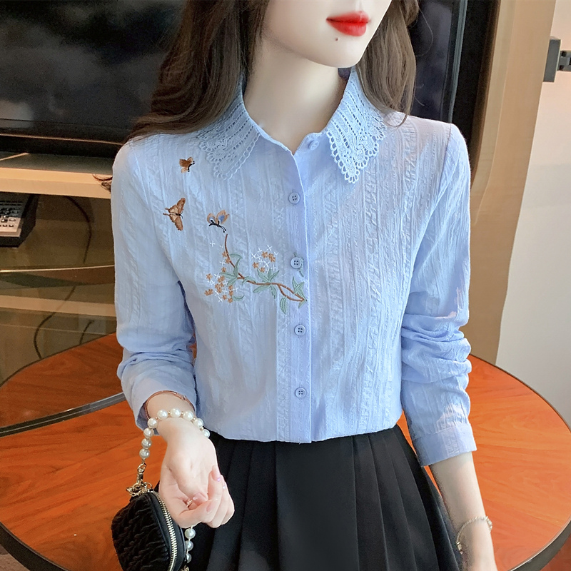 春秋季2025新款女装时尚减龄刺绣纯棉衬衣女长袖全棉衬衫女士上衣