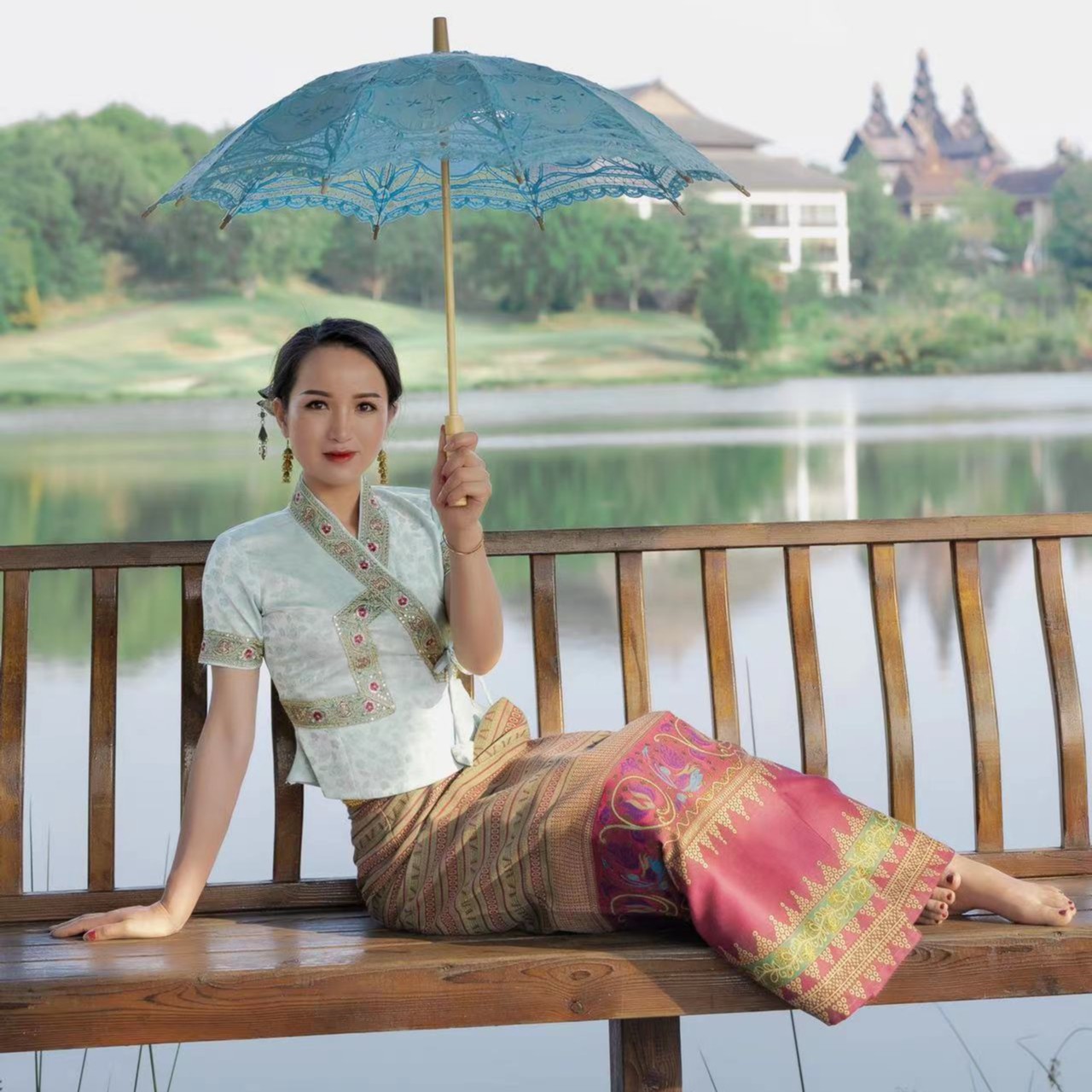 夏季款傣民族风女套装短袖上衣青绿色新中式国风旅游少数民族服装