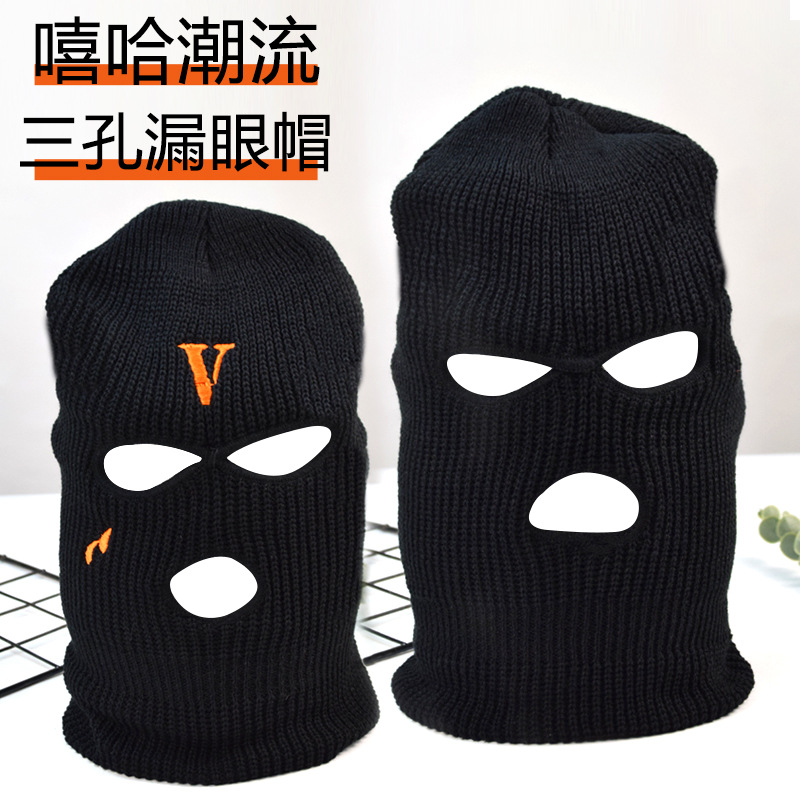 新款跨境保暖三孔骑行面罩保暖防风刺绣嘻哈针织头套现货批发