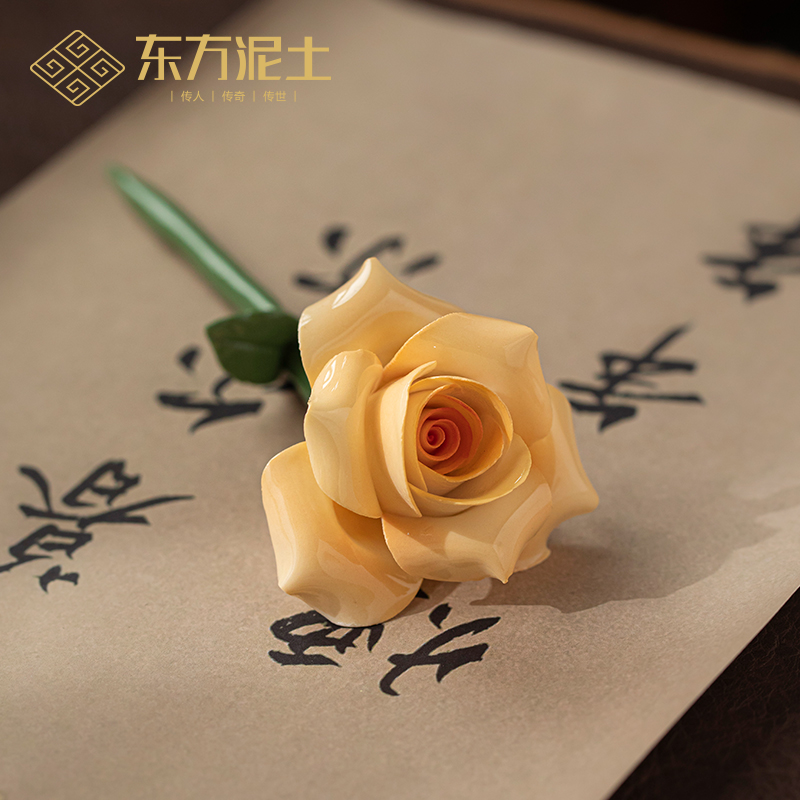 东方泥土手工陶瓷玫瑰花摆件送老婆笔架镇纸茶夹架装饰品七夕送礼