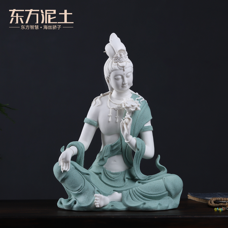 东方泥土陶瓷莲花水月自在观音新中式禅意客厅玄关摆件工艺品