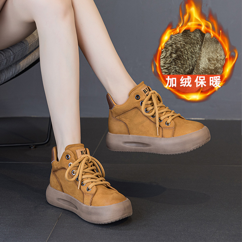 头层牛皮加绒高帮女鞋2023秋冬新款厚底复古女真皮系带轻便短靴子