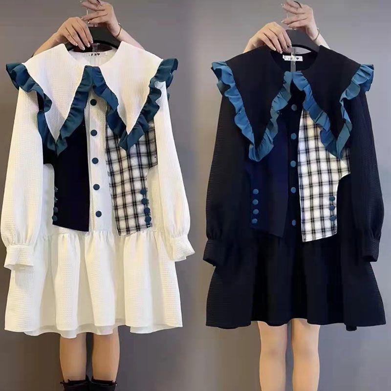 韩版大码宽松胖mm300斤减龄遮肉连衣裙女装秋季宽松娃娃领200裙子